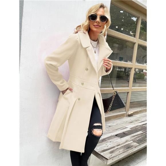 Women's Trench Coat Notch Lapel Double Breasted Thick A Line Pea Coat, White - Picture 3 of 6